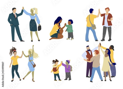 Happy people giving high five hand gesture  vector flat isolated illustration