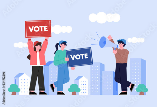 Voting and Election concept Vector illustration. Pre-election campaign. Citizens putting paper vote in to the ballot box candidates.