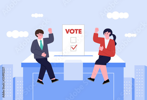Voting and Election concept Vector illustration. Pre-election campaign. Citizens putting paper vote in to the ballot box candidates.