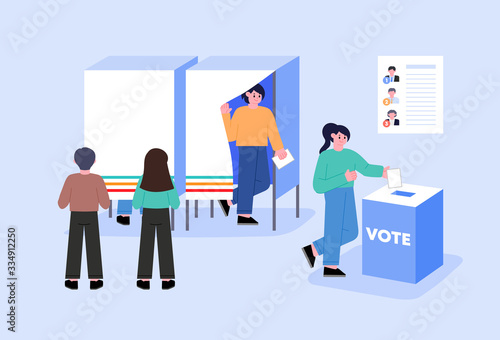 Voting and Election concept Vector illustration. Pre-election campaign. Citizens putting paper vote in to the ballot box candidates.