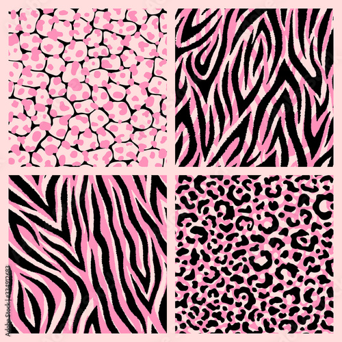 Set of 4 colorful detailed hand-drawn animalistic seamless patterns. Exotic animal backgrounds. Leopard, tiger, zebra, giraffe prints. Vector wallpapers.