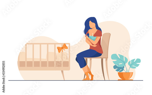 Happy mother breastfeeding her baby flat vector illustration. Cartoon parent giving milk to infant via breast. Health and parenting concept.