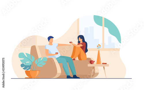 Romantic couple sitting at sofa, talking and drinking coffee flat vector illustration. Man and woman living together in apartment Romance and love concept.