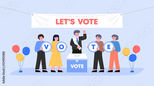 Voting and Election concept Vector illustration. Pre-election campaign. Citizens putting paper vote in to the ballot box candidates.