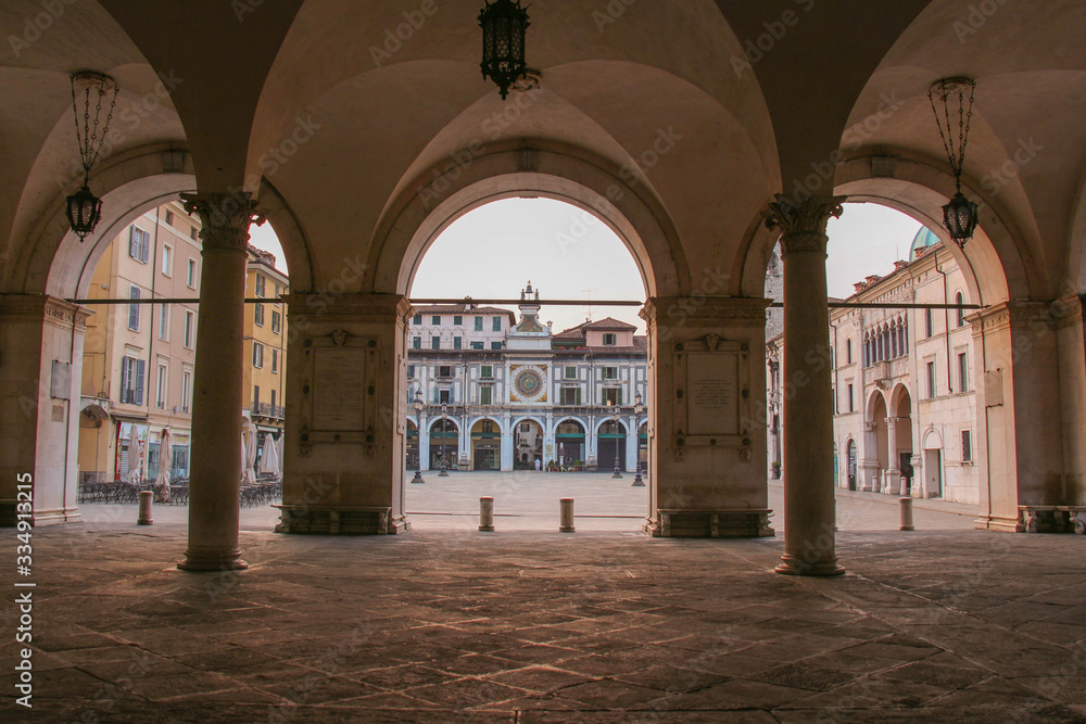 The view of Piazza Loggia from Comune di Brescia, Brescia, Lombardy, Italy.