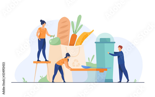People shopping with eco friendly bag flat vector illustration. Sustainable plastic and organic food. Environment, future and recycling concept.