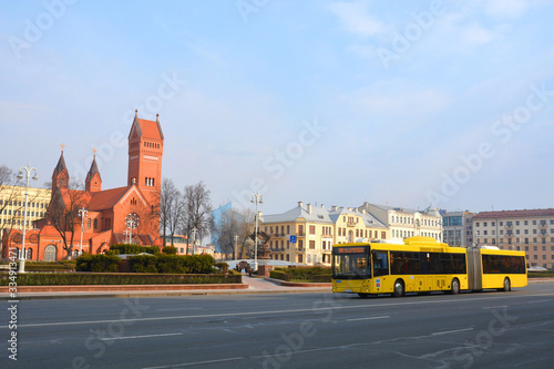  MINSK, BELARUS - MARCH 29 2020: Red Church or Church Of Saints Simon and Helen  at independence Square in Minsk, Belarus