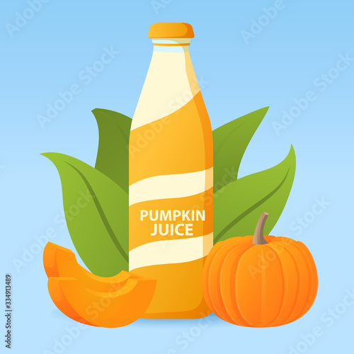 Glass bottle with pumpkin juice. Vegetable drink banner concept for vegetarians. Realistic vector illustration.