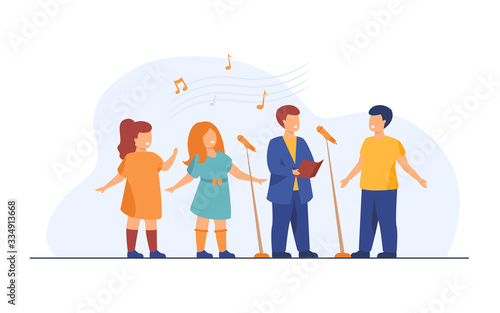 Children choir singing song in church flat vector illustration. Group of kids singing to microphone. Activity, music and entertainment concept.