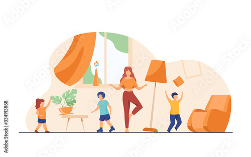 Mother standing calm in the middle of room flat vector illustration. Mischievous and naughty children making chaos. Parenting and behavior concept.