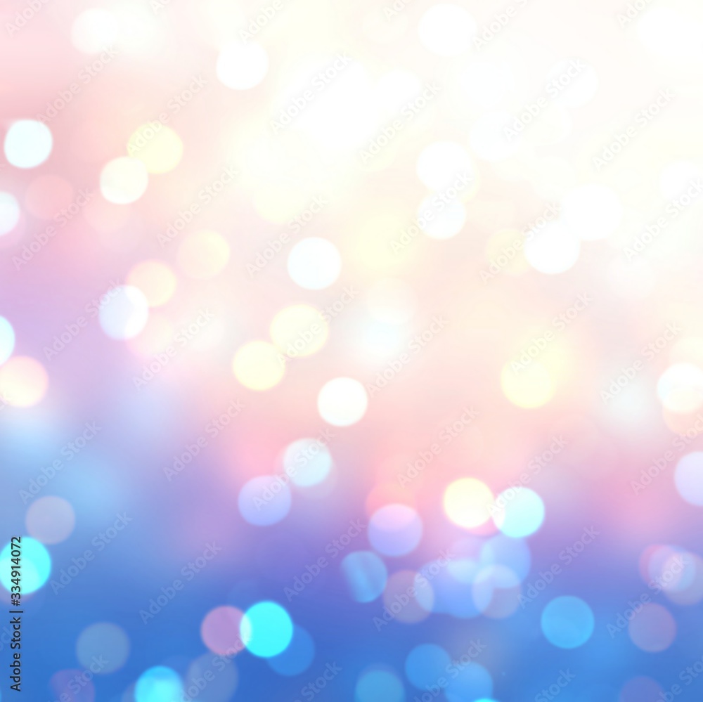 Fantasy garland lights holiday decoration. Pink blue yellow gradient. Festive bokeh background. Defocus texture. Abstract template. Blur pattern.