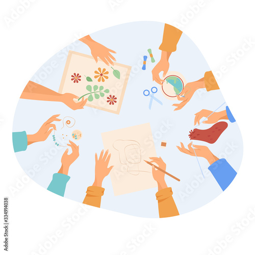 Creative handmade workshop flat vector illustration. Children making creative embroidery, scrapbooking and knitting. DIY, craft and craftwork concept.