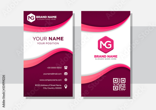 vertical business card with dark pink background and pink gradient curve shape. halftone circle element design on top and bottom. 