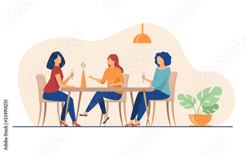 Three female friends sitting in cafe at lunch and talking flat vector illustration. Women hanging out together. Friendship and communication concept.
