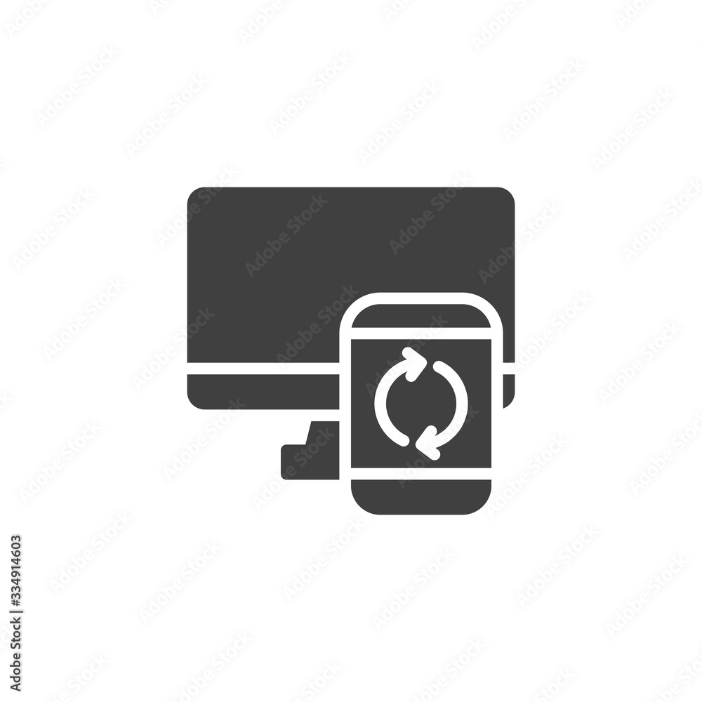 Synchronize devices, computer and smartphone vector icon. filled flat sign for mobile concept and web design. Update synchronization processing glyph icon. Symbol, logo illustration. Vector graphics Synchronize devices, computer and smartphone vector icon. filled flat sign for mobile concept and web design. Update synchronization processing glyph icon. Symbol, logo illustration. Vector graphics