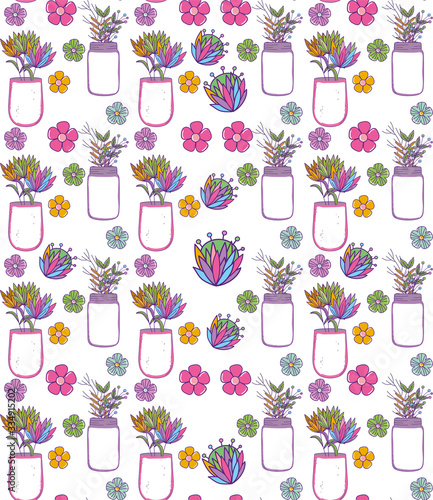 Mason jars with flowers and leaves background vector design