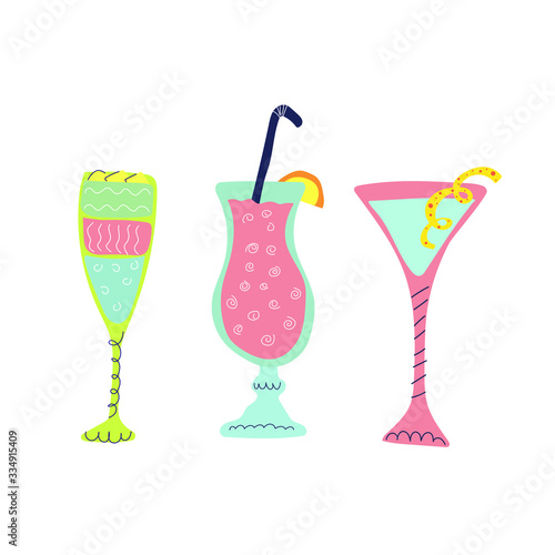 Set of hand drawn cocktails. Bar, summer, party, menu. Flat vector illustration. © ERMOSA