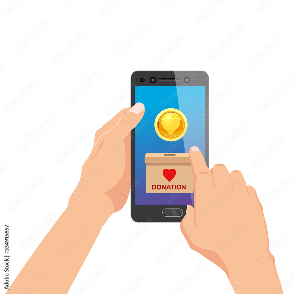 Donating money by online payments consept. Gold coin and donate box button on smartphone screen Donating money by online payments consept. Gold coin and donate box button on smartphone screen