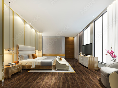 3d rendering luxury modern bedroom suite in hotel with high rise view