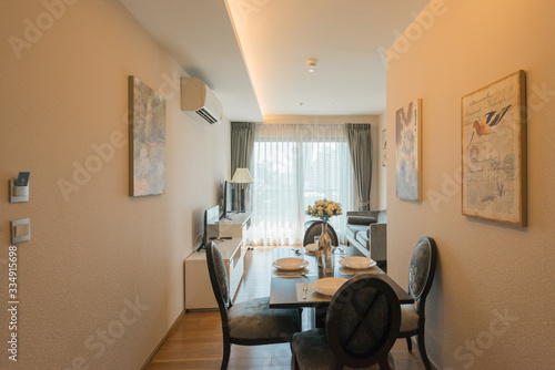 Modern living room and kitchen in small apartment