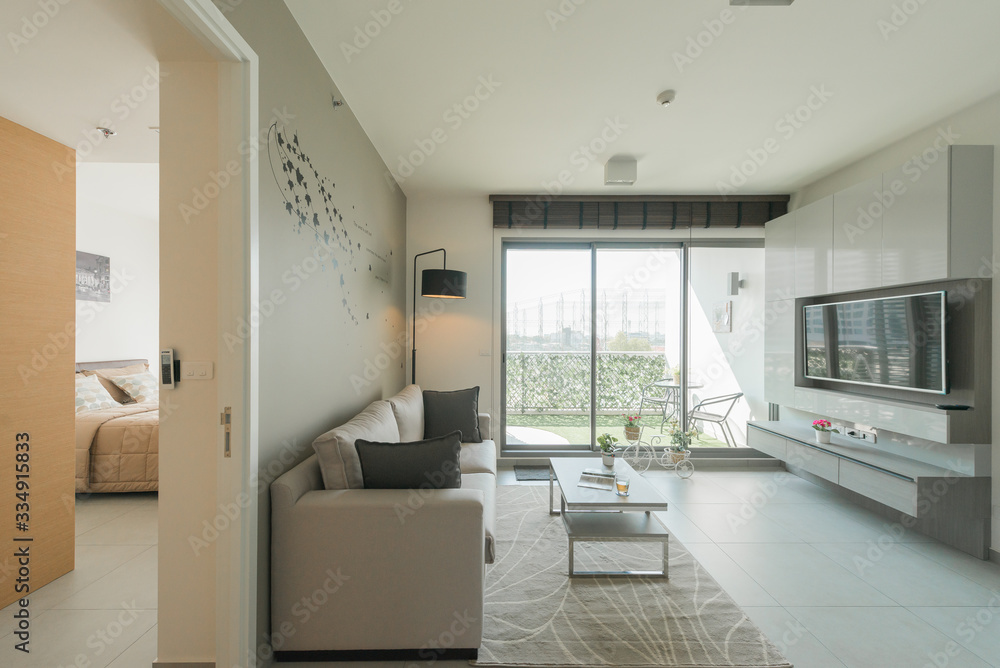 Fototapeta premium Modern living room and kitchen in small apartment 
