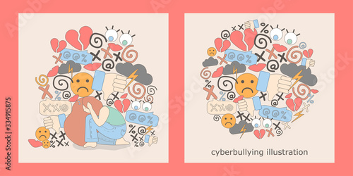 two illustrations with cyberbullying. online pressure. Posting sexual remarks, or pejorative labels. woman is under pressure from profanity and sexual harassment.