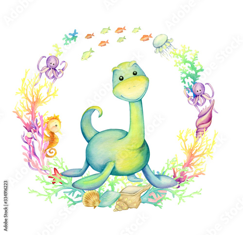 Cute dinosaur  surrounded by coral fish and shells. Watercolor frame  on an isolated background  with a prehistoric animal. Children s clip art  for greeting cards.