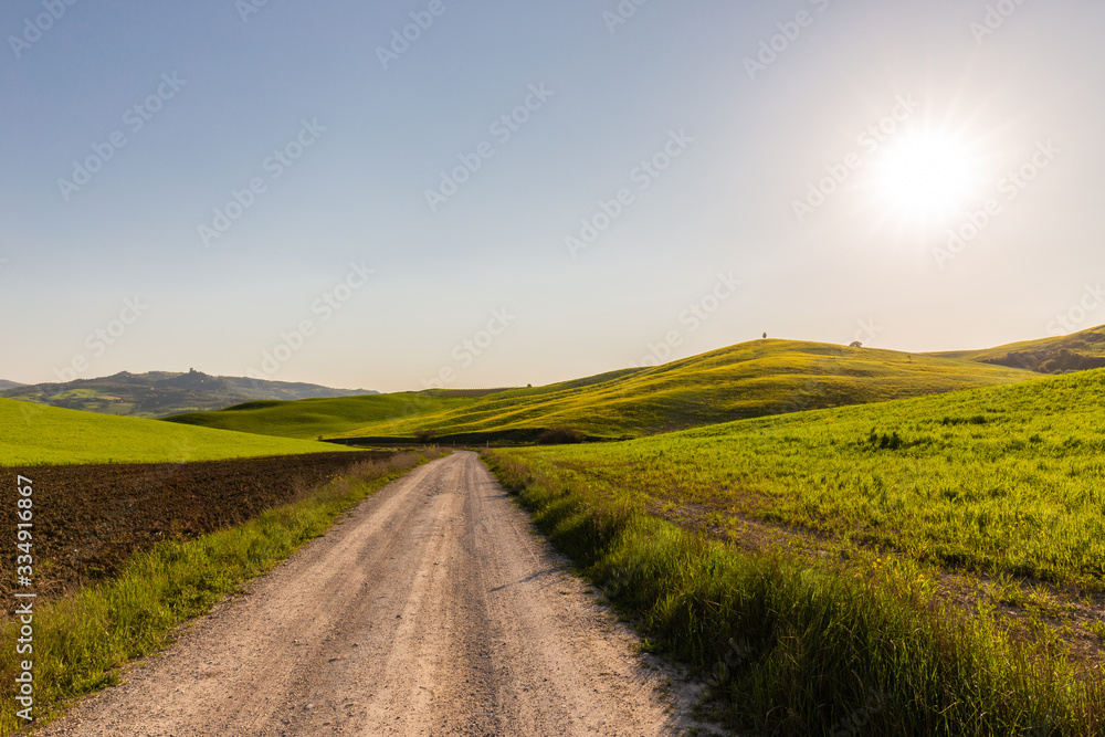 Beautiful Tuscany landscape in spring time with wave hills and a road in the foreground. Tuscany, Italy, Europe