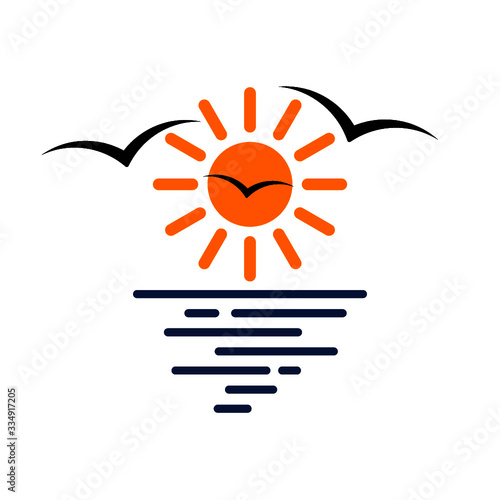 Design of ocean icon or logo with sun, sea waves, sunset and seagulls silhouette in simple flat style