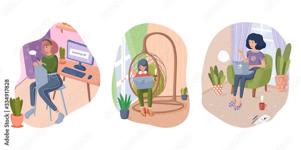 Fototapeta premium Women freelancers working from home or taking online classes. Stay home in quarantine. Concept illustration. Flat vector.