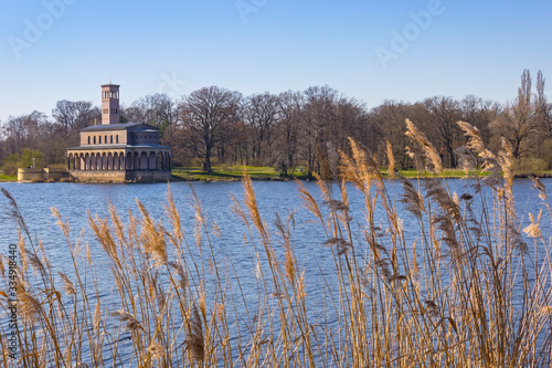 Obraz na płótnie View to Church of the Redeemer, Sacrow (Germany). In foreground is seen reed w salonie