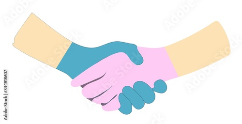 TWO hands in latex gloves isolated on a white background. Vector illustration. shaking hands, greeting and touching.