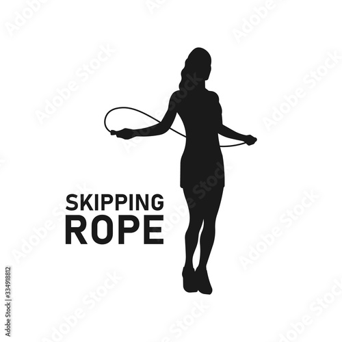 Woman skipping silhouette. Jumping rope logo. Sport icon. Healthy lifestyle sign. Sportswear concept. Slim body symbol. Athletic girl. Female athlete - Simple vector black and white illustration.