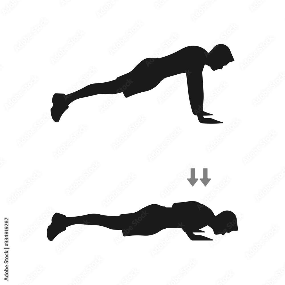 Push up workout training exercise steps silhouette. Man doing push