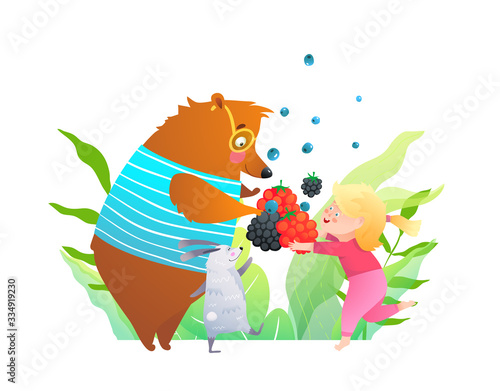 Wild animals and little girl friends holding berries, eating fruits in nature forest. Artistic hand drawn kids cartoon illustration.