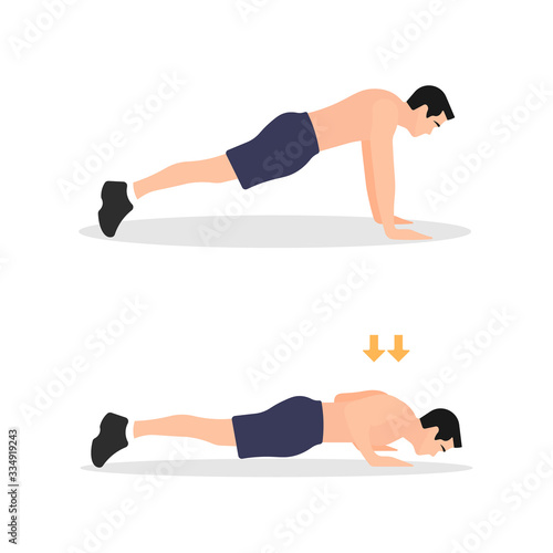 Push up workout training exercise steps. Man doing push-ups. Fitness instructions step by step. Male bodybuilding instructor. Sport icon. Sports symbol - Simple flat vector character illustration.