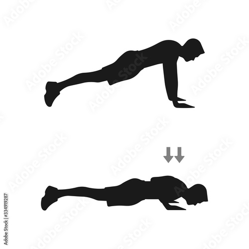 Push up workout training exercise steps silhouette. Man doing push-ups icon. Fitness instructions step by step. Male bodybuilding instructor. Sport sign. Sports symbol - Simple vector illustration.