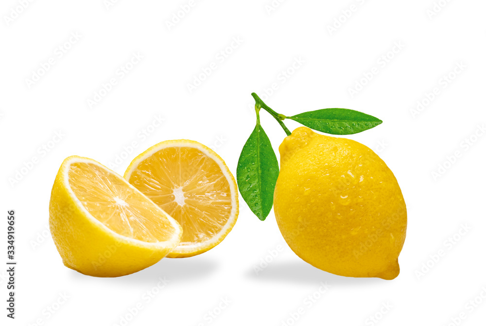 Lemon sliced with leaf isolated on white background with clipping path