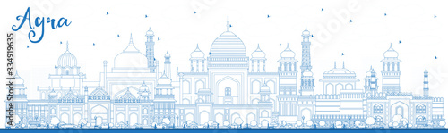 Outline Agra India City Skyline with Blue Buildings.