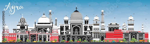 Agra India City Skyline with Color Buildings and Blue Sky.