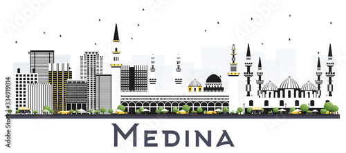 Medina Saudi Arabia City Skyline with Gray Buildings Isolated on White.