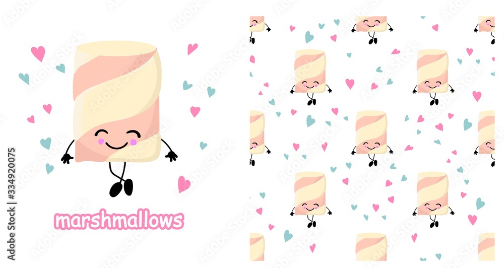 Marshmallow character. Cute cartoon marshmallows. Vector illustration . Seamless pattern.. Marshmallow character. Cute cartoon marshmallows. Vector illustration . Seamless pattern..