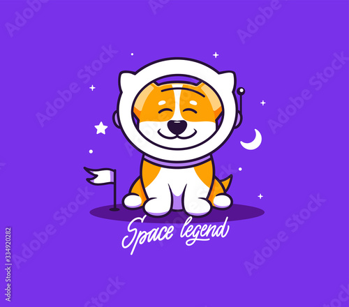 A little dog  logo with text Space legend. Funny corgi cartoon character  logotype  badge  sticker  emblem on purple background isolated. Vector illustration  flat  line art style  creative design