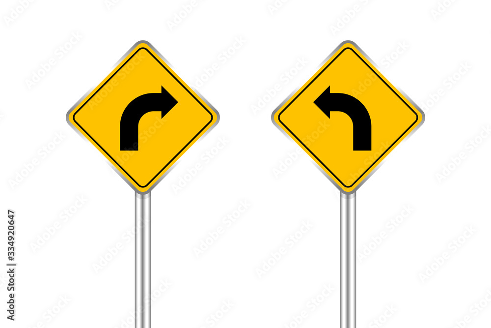 road sign of arrow pointing bend to left and right, traffic road sign yellow isolated on white, traffic sign turn left and right, warning caution sign and steel pole for direction signpost the way road sign of arrow pointing bend to left and right, traffic road sign yellow isolated on white, traffic sign turn left and right, warning caution sign and steel pole for direction signpost the way
