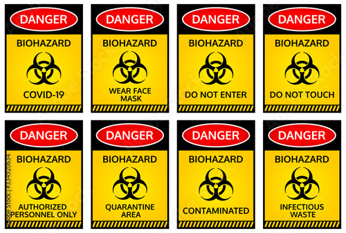 New coronavirus biohazard warning messages. Covid-19, wear face mask, do not enter, do not touch, authorized personnel only, quarantine area, contaminated, infectious waste. Covid-19 outbreak.