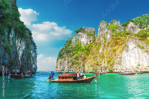 Beautiful scenic landscape of Pileh lagoon with boat for traveler, Phi Phi Leh island Krabi, Famous landmark travel Phuket Thailand, Tourist on summer vacation trips, Tourism destination scenery Asia © day2505