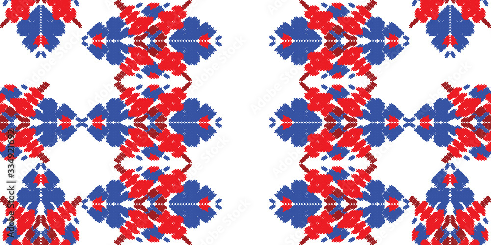 Fototapeta premium Red and blue embroidery ornament. Fashion texture for fabric textile.