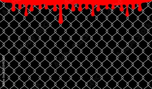 wire net wall and red blood drops on black, blood blob on wire wall for halloween background, drops of blood on grid of fence, barbed wire mesh metal for backdrop, fence barb stains with bloody flow