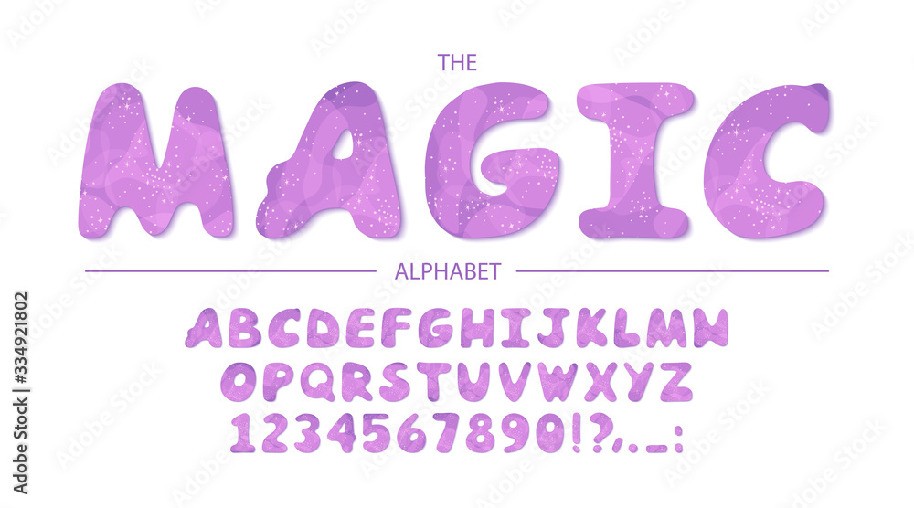 Magic alphabet with shining capital letters and numbers isolated on a white background. Font for festive, holidays, children's room interior design. Vector