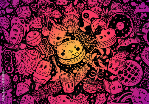 Doodling kawaii style cute cartoon characters candy shop. Illustration and letters love sweet food. Vector colorful gradient